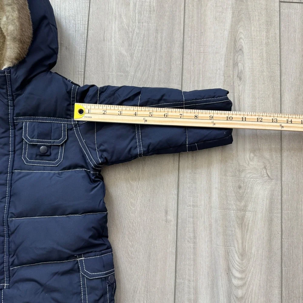 BabyGap Puffer Snowsuit Baby 6-12 Months Navy Blue Faux Fur Hood Down Fill